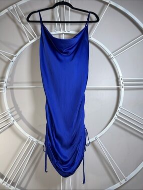 Aritzia Wilfred Royal Blue Only Ruched Cowl Neckline Satin Slip Mini Dress